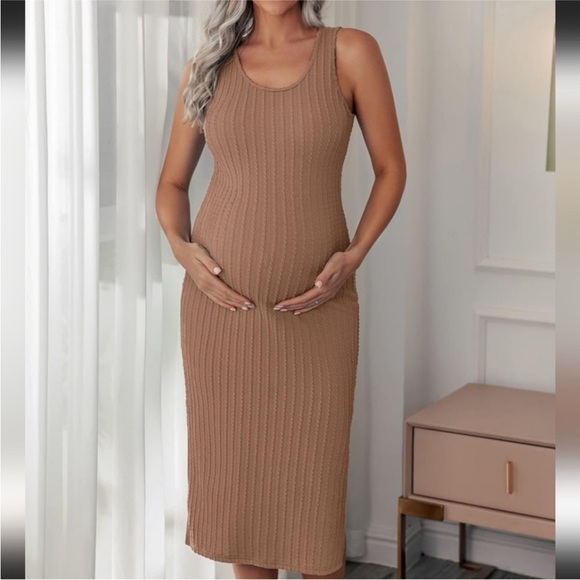 🎆 Ekouaer Maternity Rib Knit Sleeveless Tank Bodycon Pregnancy Dress medium tan - Picture 1 of 11